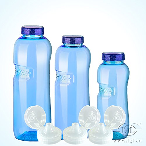 3er Set Trinkflaschen 0,5-0,75-1L Wasserflaschen + 3 x Trinkdeckel - 3