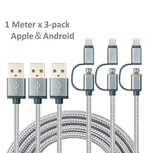 Ladekabel Micro USB Kabel Lightning Ladekabel [3Pack/1m] Syncwire Nylon geflochtenes 2 in 1 Kabel highspeed Kompatibel mit Apple und Android Geräten für iPhone 7/ 7Plus/ 6sPlus/ 6s, iPad/ iPod, Samsung, Huawwei ,HTC und mehr – Silber