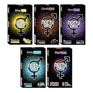 NOTTY BOY Honeymoon Condoms Pleasure Pack - Ultra Thin Banana, Chocolate, 4IN1 Ribs Dots Contour Climax Delay, Super Slim - (5x10s)