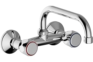 Schläfer 3431411 | Robinet mural de cuisine pour évier, lave-linge et lavabo de salle de bain mural avec 2 boutons, tige pivotante universelle en U x 180 mm, aérateur d'économie. Chrome