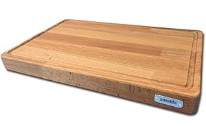 AUSONIA 66440 PLANCHE À DECOUPER EN BOIS DE HÊTRE 40X25X4 CM PLANCHE DE CUISINE DE LUXE POUR VIANDE PAIN FROMAGE AVEC RAINURE ET BORD A JUS AVEC PIEDS EN CAOUTCHOUC