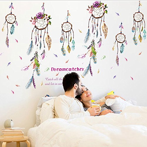Demiawaking Dream Catcher Traumfänger mit Federn Wandsticker Abnehmbare DIY Wandtattoo Aufkleber fuer Kinderzimmer, Wohnzimmer, Schlazimmer Haus Dekor (01)