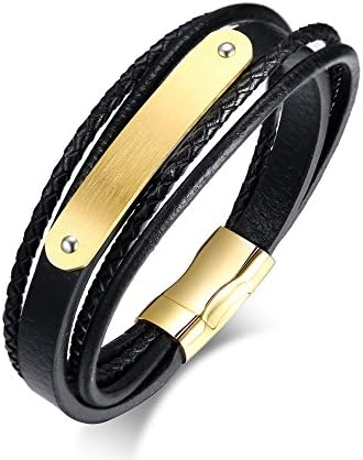 Vnox Men's Stainless Steel Genuine Leather Wristband Name Personalised Gold ID Tag Wrap Bracelet 21cm,Free Engraving
