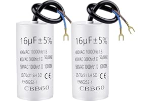 TXERFOLG 2 Stück Kondensator CBB60 16µF 450V 50/60 Hz Arbeitskondensator mit 20cm Anschlußkabel und Kabelschuhe Anlaufkondensator Motorstartkondensator 16uF | 74x37mm