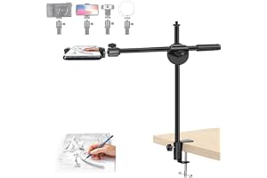 BROLAVIYA Overhead Video Mobile Metal Desktop Stand with 1/4" Male Adaptor for Camera, GoPro, Ring Light with Base Clip clamp and Mobile Bracket for Meeting, Photo Video, Shooting