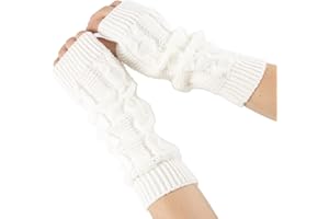HAPPYUPCITY Lange Armstulpen, fingerlos, gestrickt, mit Daumenloch, dehnbare Handschuhe, Winter, Wärmeschutz für Damen, Mädchen, 1 Paar, 30 cm, Weiß