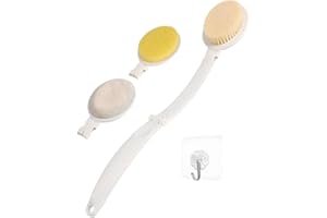 RUMICET Brosse de Bain, Brosse de Douche 3 en 1 Avec Long Manche Pliant, Avec Poils en Nylon, Pierre Ponce et Têtes de Brosse en éponge, Ldéal Pour L'exfoliation du Dos et L'application de Produits de Soin