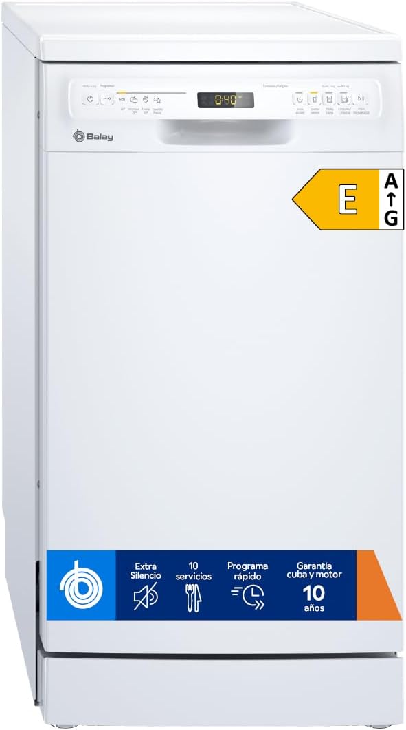 Balay - Lavajillas, Libre instalación, 45 cm de ancho, Motor ExtraSilencio, Home Connect, Display LED, Blanco, 3VN4030BA