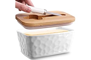 AISBUGUR Butter Dish Ceramic Butter Dish with Lid Porcelain Butter Container with Knife and Lid Upgrade Airtight Large Butter Box Unique Stone Pattern White