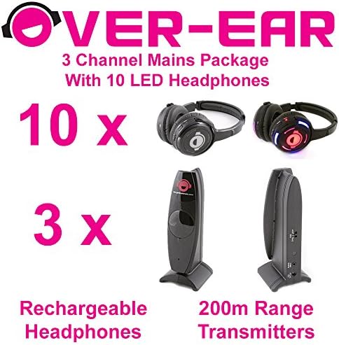 Silent Disco System - 3 Channels &amp; 10 LED Headphones