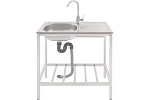 Czyurachel Fregadero independiente de acero inoxidable, 75 x 40 x 75 cm, para exteriores con grifo y tubos de suministro y drenaje, lavabo de jardín, color plateado