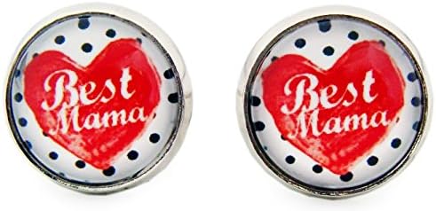 Miss Lovie Women's Stud Earrings with German Text "Best Mum" Heart Cabochon Earrings Dots 12 MM, Red / Silver
