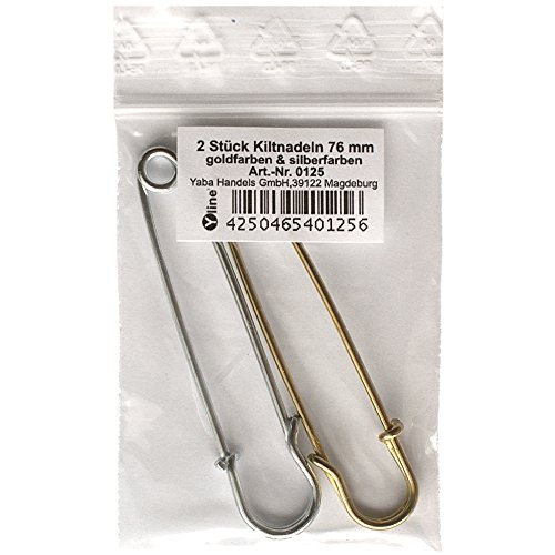 2er Set Kiltnadel 76mm 1x gold + 1x silber, Maxi Sicherheitsnadeln groß, Schmucknadel Ziernadeln Nadel Nadeln, 0125