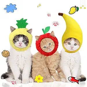 3 Pieces Cat Hats Banana Pineapple Red Fruit Shaped Hat Soft Cap Adjustable Accessories Breathable Headwear for Cat Kitten Puppy Pet Festival Birthday Theme Party Photo Prop