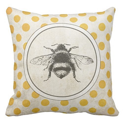 Vintage Bee on Yellow Dots Throw Pillow case Canvas Cushion Cover 18" one side