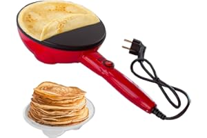 BEHOME Elektrische Crêpes-Pfanne mit Griff für Crêpes, antihaftbeschichtet, 800 W, 20 cm, Rot