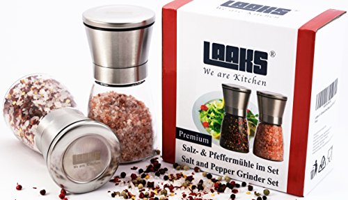 Laaks® Premium Salzmühle / Pfeffermühle im Set. Gewürzmühle aus Edelstahl und echtem Glas in edlem Design mit einstellbarem Keramikmahlwerk für Gewürze, Meersalz, Chili. Kräutermühle Streuer - 6