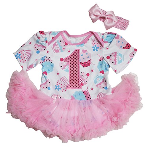 Birthday Baby Dress Bling 1st Cupcake Bodysuit Pink Tutu Romper Set Nb-18m (12-18 Months)