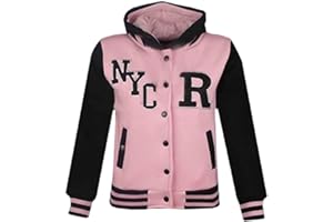 A2Z 4 Kids Filles Baseball Capuche Noir & Néon Rosé R Mode NYC/FOX Veste Varsity Style Manteau Long Manches Occasionnel Mode Cadeaux Âge 2-13 Ans