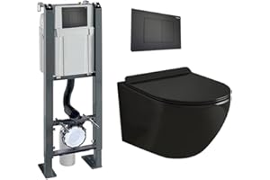 Coribi Pack Complet WC Sans Bride + Cuvette Suspendu Sans Bride + Plaque DESIGN - Toilette Design Moderne - Cuvette Céramique (Bâti chrono autoportant, Plaque noir mat soft touch)