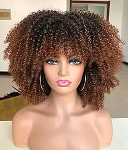 RunM Afro Bomb Kinky Curly Wig with Bangs for Black Women 14inch Fashion Ombre Brown Short Curly Wig??4/30??