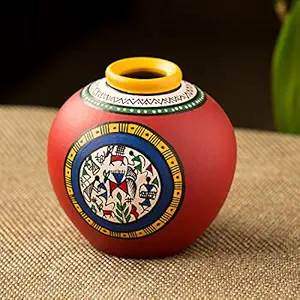 ExclusiveLane 6 Inch Warli Handpainted Living Room & Home Decorative Matki Shaped Flower Terracotta Vase (Red)