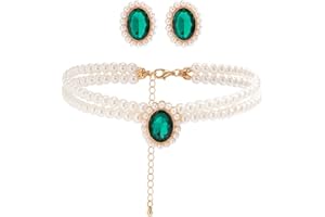 Prosy Ensemble collier ras du cou et boucles d'oreilles en cristal vert réglable pour femmes et filles, Plastique