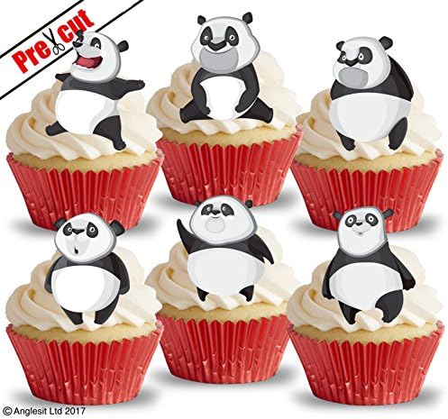 Pre-Cut Funny Pandas II. Edible Wafer/Rice Paper Cupcake Cake Desert Toppers Birthday Party