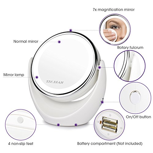 Tragbar beidseitig LED Kosmetikspiegel, 1/7-facher Vergrößerung,Beleuchtete Reise Vanity Mirror,360 Schwenkbar - 3