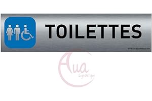 AUA SIGNALETIQUE - Plaque de porte Aluminium brossé imprimé AluSign - 200x50 mm - Double Face adhésif au dos - Impression UV directement sur l'aluminium (Pas de contre collage) (Toilettes mixtes)