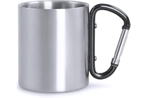 TIENDA EURASIA - Taza de Acero con Mosquetón, 7,5x11,5cmx8cm de Diámetro, 210 ml, Acero Inoxidable, Ideal para Senderismo, Camping y Trekking, Térmica (Negro)