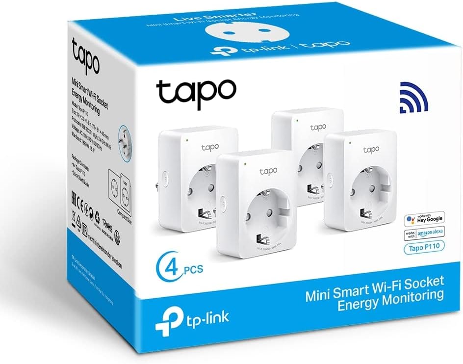 Tapo P110 (4 paquetes) – Mini enchufe inteligente Wi-Fi (con monitoreo de energía), programación encendido/apagado, ahorro de energía, compatible con Alexa y Google Home