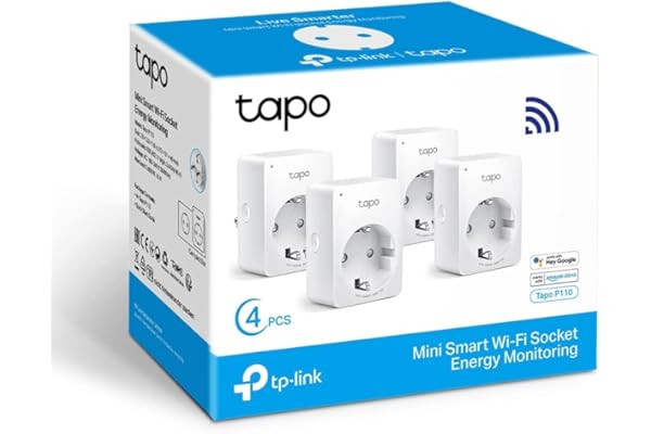 Tapo P110 (4 paquetes) – Mini enchufe inteligente Wi-Fi (con monitoreo de energía), programación encendido/apagado, ahorro de energía, compatible con Alexa y Google Home
