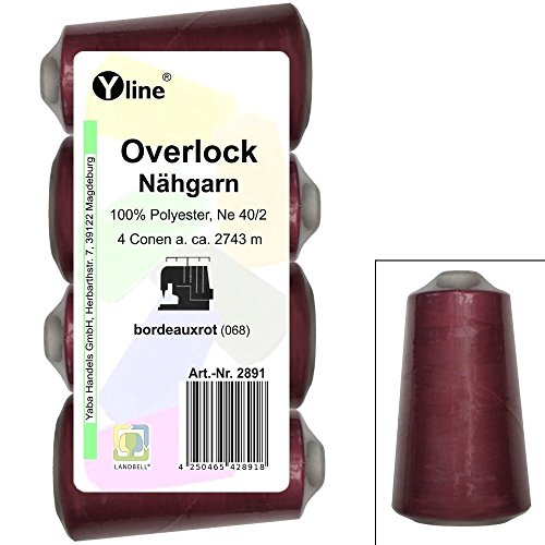 4 Stück Spulen Overlock - Nähgarn, bordeaux - rot, a. 2743 m, NE 40/2, 100% Polyester, Nähfaden, Nähmaschinen Garn, 2891