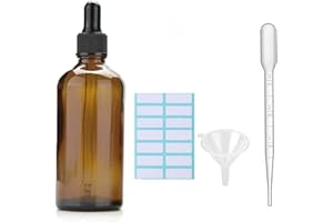 SKYPRO 1Pcs Amber Glass Dropper Bottles With Black Caps, Measured Pipette, Funnel and Labels；100ML Glass Eye Dropper Bottles for Essential Oil Pipette Refillable