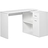HOMCOM Scrivania Angolare con Libreria Scaffale in Legno Bianco, Tavolo da Pranzo per Computer con Rotazione a 180°, 173x39.8