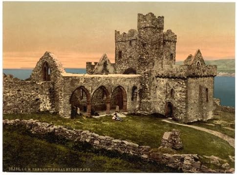 Victorian View of St. Germains Cathedral, Peel, Isle of Man, England, Large A3 size 41 by 28 cm Canvas Textured Fine Art Paper Photo Print