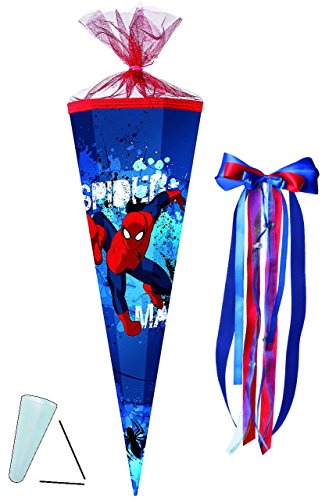 Schultüte - " Spider-Man " - 22 / 35 / 50 / 70 / 85 cm - incl. große SCHLEIFE - Zuckertüte ALLE Größen - mit / ohne Kunststoff Spitze - für Jungen - Spiderman / Spinnen Man - Aktion Held / Comic Spinne - Superheld Ultimative Amazing