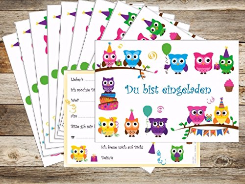 12 Eulen-Einladugskarten (Set 1): 12 lustige Eulen-Einladungen zum Kindergeburtstag oder zur Party von EDITION COLIBRI © (10645) - 3