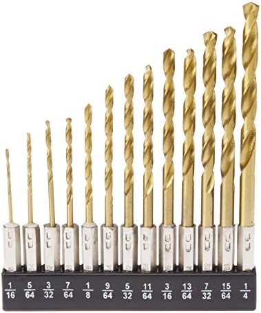 Tooluxe 10171L 1/4” Hex Shank Titanium Drill Bit Set | 13 Piece | Quick Change | High Speed Steel Construction | Titanium Nitride Coating