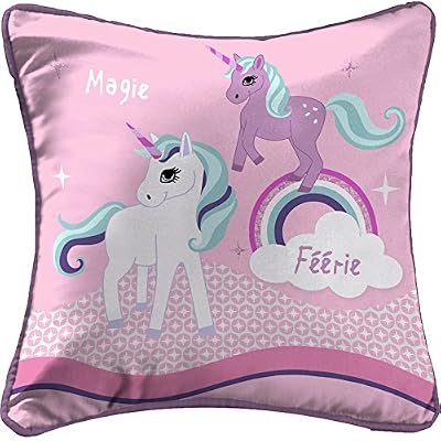 Douceur d'Intérieur Coussin Passepoil Microfibre Imprimée Licorne Dessin Place Polyester Multicolore 40 x 40 cm