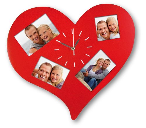 ZEP Lione Wanduhr mit Bilderrahmen für 4 Fotos je 10 x 15 cm, rot, Maße 44 x 42 cm