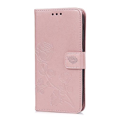 Lanveni A3 2017 Hülle, Handyhülle für Flip Case Cover PU Lederhülle Schutzhülle Magnetverschluss Ledertasche mit Stander Function Brieftasche Card Slot Handy Tasche mit Prägung Rose Cover Design für Samsung Galaxy A3 2017 (Rose Gold) + 1 x Stylus Stift + 1 x Staubdichte Stecker + 1 x Schutzfolie - 6