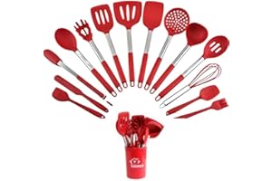 TINA&CO Juego de utensilios de cocina silicona 15 piezas de silicona con mango de acero inoxidable, resistentes al calor, antiadherente, espátulas grandes, apto para lavavajillas (Rojo)