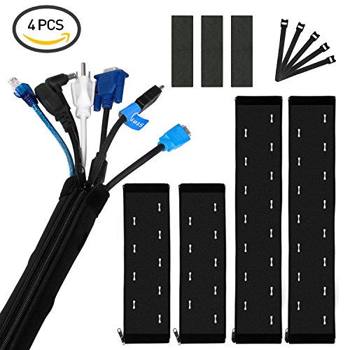 Preisvergleich Produktbild JamBer kabelmanagement 4 stück kabelschlauch kabelkanal reißverschluss neopren kabelhalter schreibtisch kabel organizer flexibler kabelhülle für TV computer audio, schützt und organisiert kabel