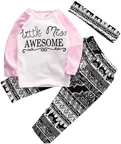 Alleppa Baby Girls 3PCS Outfit Long Sleeve T Shirt Geometric Print Leggings Pant Headband - White -
