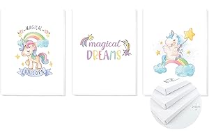 TIME HOME DEVELOPMENT Cuadros con Bastidor de Madera, Lienzo Impreso para decoración en habitación Dormitorio niños -Pack TRIPTICO 3 Cuadros con Bastidor Madera tamaño 30x40 (Unicornios)