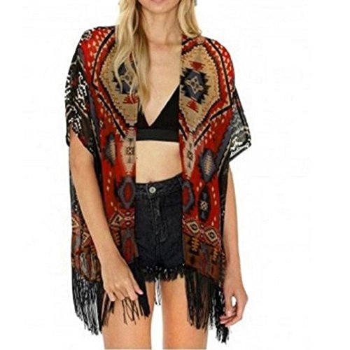 Preisvergleich Produktbild Kolylong 1PC Frauen Geometrie Gedruckt Tassel Schal Kimono Tops Bluse (M)