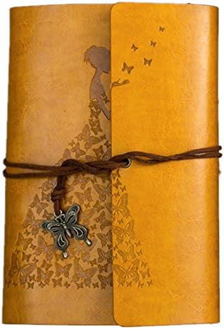 2017 Vintage Butterfly and the Princess Leather Notebook Writing Books Journal Diary PU Cover Ring Binder for Men Women A6 (Yellow)