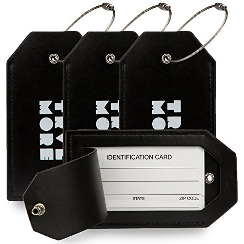 4 Pack TravelMore PU Leather Luggage Tags for Suitcases w/Privacy Cover - Travel ID Identifier Labels Set for Bags & Baggage - Men & Woman - Black